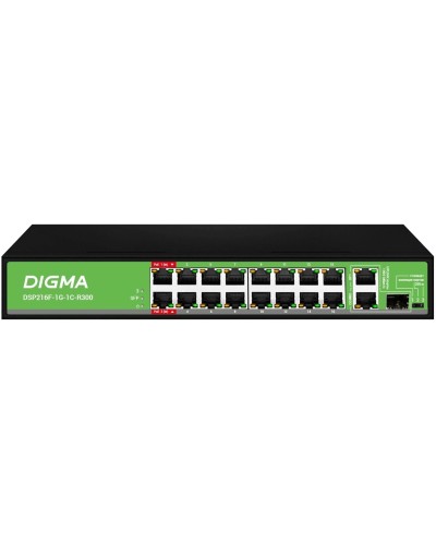 DSP216F-1G-1C-R300 (L2) 16х100Мбит/с 1х1Гбит/с 1хКомбо(1000BASE-T/SFP) 16PoE 16PoE+ 2PoE++ 300W. Коммутатор с питанием по PoE. Digma в Люберцах