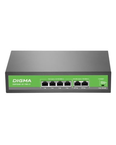 DSP204F-2F-T80 DSP204F-2F-T80 V1 (L2) 6х100Мбит/с 4PoE 4PoE+ 80W. Коммутатор с питанием по PoE. Digma в Люберцах