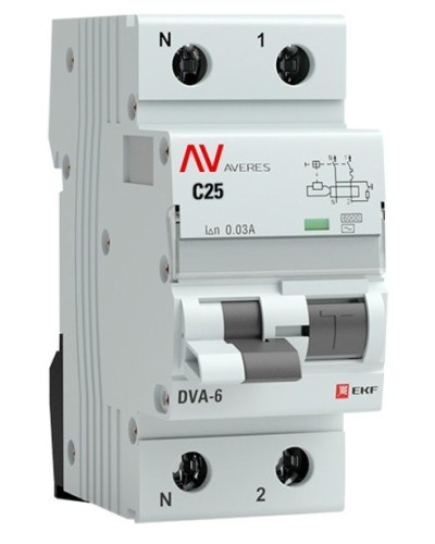 DVA-6 1P+N 25А (C) 30мА (AC) 6кА  AVERES (rcbo6-1pn-25C-30-ac-av). Автоматический выключатель дифференциального тока. EKF в Люберцах