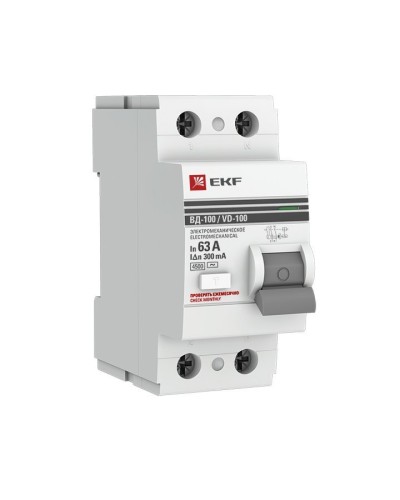 УЗО ВД-100 2P 63А 300мА тип AC эл-мех  PROxima (elcb-2-63-300-em-pro). Выключатель дифференциального тока (УЗО). EKF в Люберцах