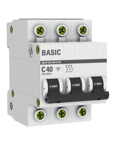 Автоматический выключатель 3P 40А (C) 4,5кА ВА 47-29 Basic (mcb4729-3-40C). Автоматический выключатель. EKF в Люберцах