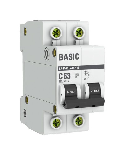 Автоматический выключатель 2P 63А (C) 4,5кА ВА 47-29 Basic (mcb4729-2-63C). Автоматический выключатель. EKF в Люберцах