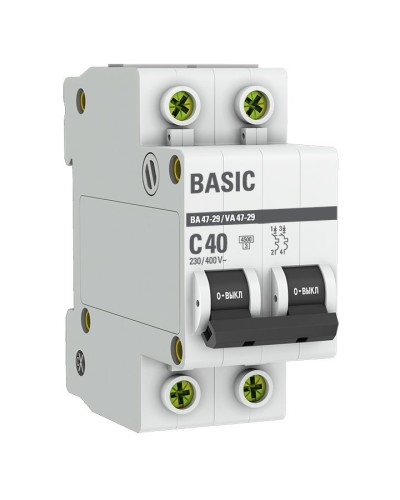 Автоматический выключатель 2P 40А (C) 4,5кА ВА 47-29 Basic (mcb4729-2-40C). Автоматический выключатель. EKF в Люберцах