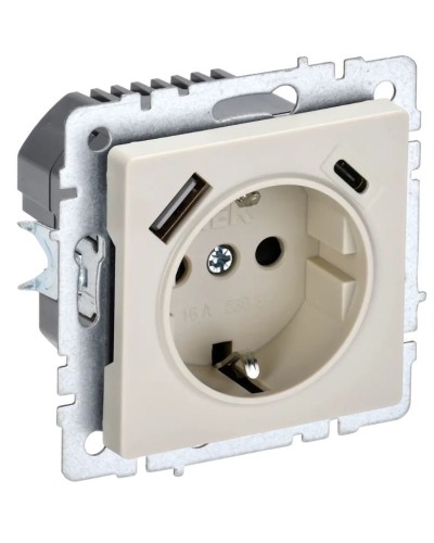 Розетка с з/к с USB A+C 18Вт РЮш11-1-БрКр бежевый BRITE (BR-R14-16-U22-018-K10). Розетка с заземлением с защитными шторками, 18Вт. IEK в Люберцах