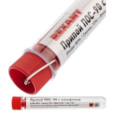Припой с канифолью ПОС-90 REXANT, 10 г, Ø1.0 мм, (олово 90%, свинец 10%), колба (09-3102): Припой